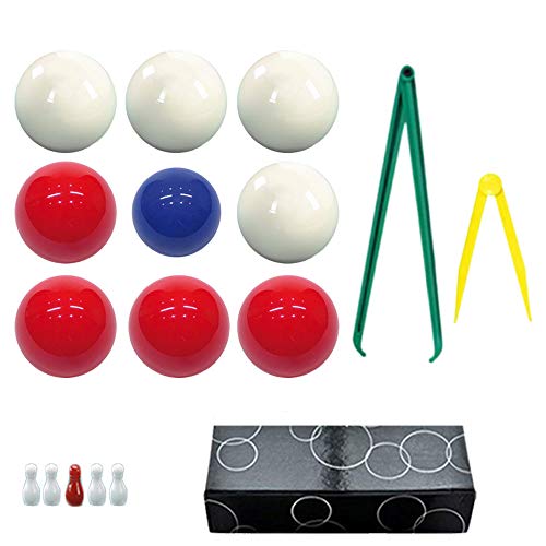 OAH Bilie boccette per Biliardo con buche Diametro m.59 in Resina Sintetica 4 bilie Rosse - 4 Bianche e Un pallino Blu Diametro m.54 con Compasso cm.36 e cm 12 Omaggio Set 5 Birilli.