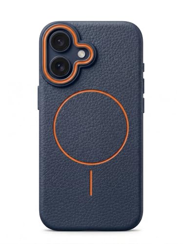 Image of amazon basics Luxury MagSafe Compatible Leather Texture Back Cover for iPhone 16 | Raised Camera Protection | Slim Fit Shockproof Case with Metallic Accents (Dark Blue)
