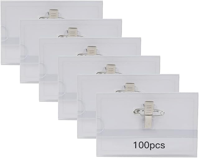 TMBMLPP 100 PCS Name Badges, Name Badges with Crocodile Clip and Safety Pin, Clear Badges with Pins Horizontal ID Card Holder idea for School, Colleges, Offices, Corporate Event, Conference