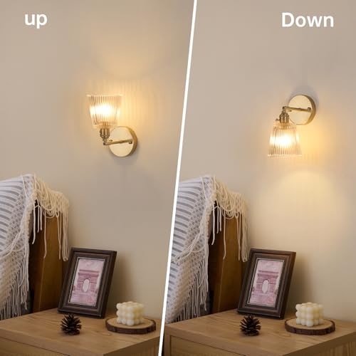 Image of Shenmoyl Vintage Wall Sconces Set of 2 with Transparent Stripe Glass Lampshade 180 Degree Adjustable Brass Sconces Hradwired Modern Wall Lighting Fixture with Switch for Bedside Bedroom Doorway