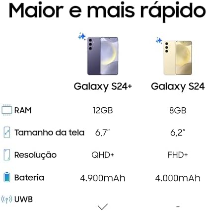 Smartphone Samsung Galaxy S24+, Galaxy AI, Selfie de 12MP, Tela de 6.7" 1-120Hz, 256GB, 12GB RAM - Preto