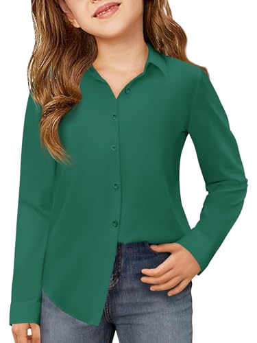 Haloumoning Girls Button Down Shirts Kids Long Sleeve Dress Shirts School Uniform Blouse 5-14 Years Dark Green