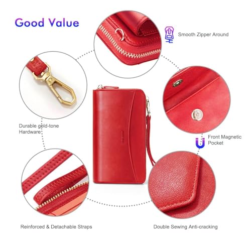Image of nuoku RFID Blocking Wristlet Wallet for Women, Zip-Around Crossbody Clutch with 2 Removable Straps, Red