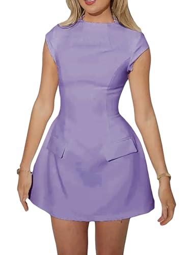 Image of Women's Y2k Summer Flowy Short Dress Graduation Mini Tank Dress Sleeveless Open Back Solid Color Backless Dresses (C-Purple, S)