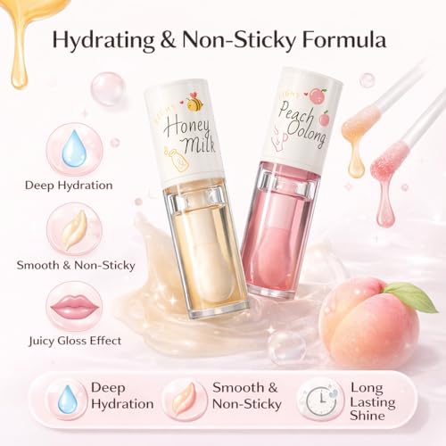 Image of Pack of 2 Lip Gloss Set - Honey Milk & Peach Oolong | Hydrating, Non-Sticky, Glossy Finish Lip Oil | Long Lasting Shine Lip Gloss for Women