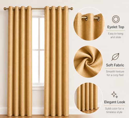 Image of Polyester Eyelet Door Curtain, Solid Plain Light Filtering Curtain for Bedroom, Living Room & Home Office, 7 Feet (84 x 48 Inch), Gold, Pack of 2