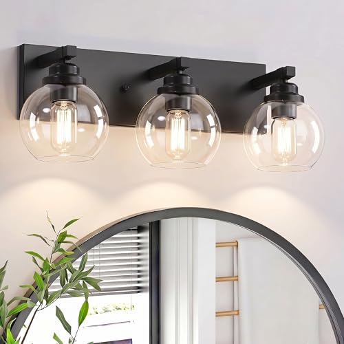 Image of LmnLvn Farmhouse 3-Light Vanity Light, Matte Black Metal with Glass Shade