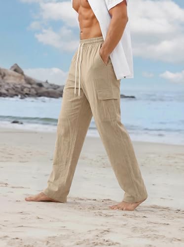 Image of Men's Linen Pants Casual Cargo Pants with Pockets Lightweight Elastic Waist Drawstring Pants Baggy Beach Pants