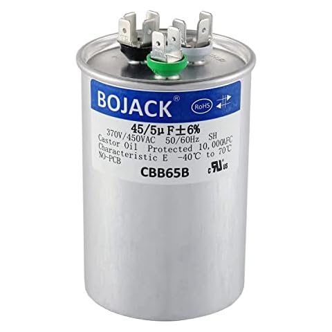 BOJACK 45+5 uF 45/5 MFD ±6% 370V/440VAC CBB65 Dual Run Circular Start Capacitor for AC Motor Run or Fan Start or Condenser Straight Cover