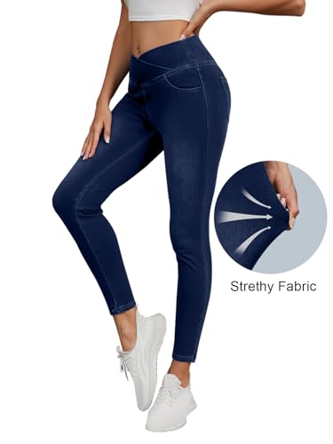 Stretchy Jeans for Women Trendy Butt Lifting Leggings with Pockets Crossover Waisted Jeggings Pull on Skinny Jeans2