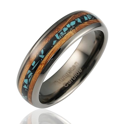 100S JEWELRY 6mm Gunmetal Tungsten Rings for Men & Women: Unique Turquoise & Whiskey Barrel Inlay - Durable Wedding, Engagement, Promise Band - Available in Sizes 6-13