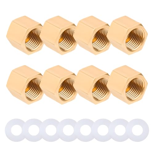 8 Pcs 1/8” Brass Pipe Caps NPT, (3/8” ID) Female Pipe Plug Cap Compression Cap Tube Stop Valve External Hexagon Threaded Socket Plug End Pipe Fittings with Rubber Gasket for Water Line