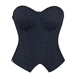ZHANGAIQINYG Schwarzes, gestreiftes Damen-Überbrustkorsett mit seitlichem Reißverschluss und Stahlrand-Cups, sexy Dessous, figurformendes Push-up-Bustier-Top(Blue Stripe,1XL)