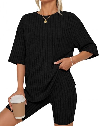 Image of KIRUNDO Short Sets For Women Summer 2 Piece Matching Lounge Sets Casual Rib Knit Tshirts Biker Shorts Beach Vacation Outfits