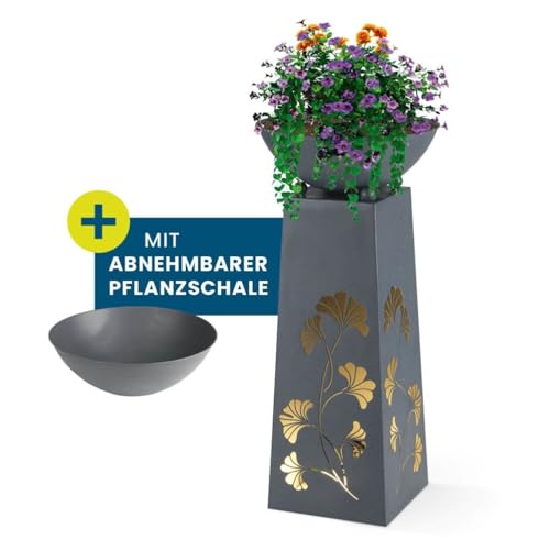 Hoberg LED Pflanzsäule Ginkgoblätter-Design in Beton-Optik | Abnehmbare Pflanzschale (Ø 34cm) In- und Outdoor geeignet… – Ansicht 2