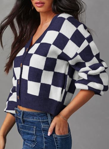 Image of Dokotoo Womens Cardigans Soft Long Sleeve Cable Knit Plaid Cropped Sweaters