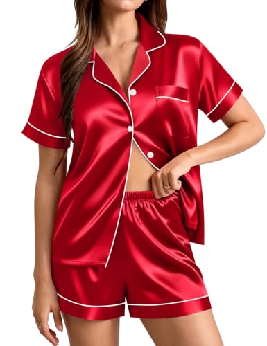 Image of SWOMOG Womens Silk Satin Pajamas Set Short Sleeve Sleepwear Button Down Top and Shorts Loungewear 2 Piece Pjs Set XS-3XL