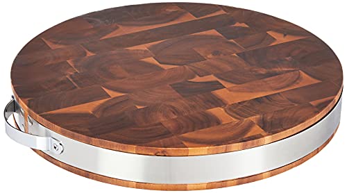 Mountain Woods Brown Extra Thick Acacia Hardwood End Grain Round Cutting Board w/Stainless Steel Band | Butcher Block | Wood Chopping Board | Carving Board - 15" x 15" x 2"