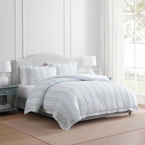 Image of Martha Stewart - Queen Comforter Set, 100% Silky Smooth Cotton Sateen Striped Bedding for Year Round Comfort, 3 Piece Bed Set with Matching Pillowcases (Verbena Stripe Blue)