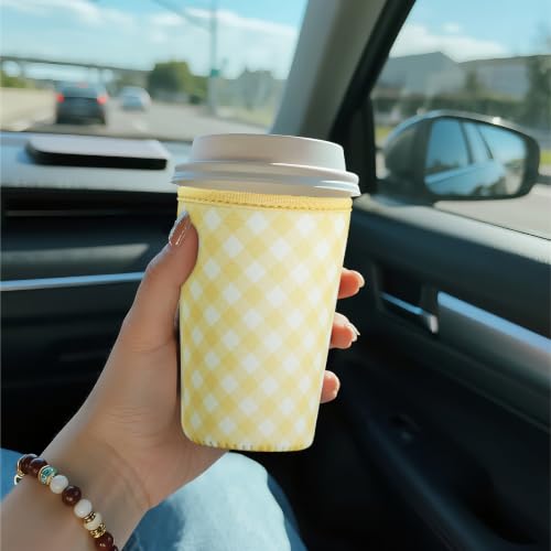 Image of Reusable Insulated Sleeve for Iced Coffee Cup, Coffee Neoprene Sleeve for Cold & Hot Drinks, Beverage Holder for Iced Coffee (Yellow Gingham, Large: 32oz)