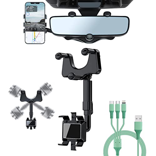 Support Telephone Voiture retroviseur Montage avec 1 câble de données, 360 Multifonction Degrés Rétractable Rotatif Universal Phone Holder Adapté pour Smartphone de 3 à 7 Pouces