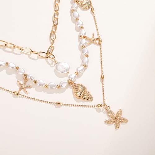 Seashell Starfish Necklace for Women Summer Pearl Beach Conch Shell 14k Gold Layered Dainty Choker3
