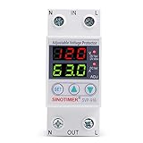 110VAC 120VAC 63A Over/Under Voltage Protection Device Voltage Current Protector, 2 Red LED Displays, Single Phase Low Voltage Monitor, Din Rail Installation in DB Home Usage