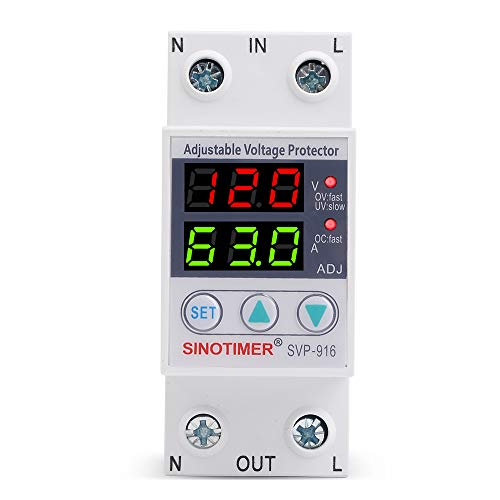 110VAC 120VAC 63A Over/Under Voltage Protection Device Voltage Current Protector, 2 Red LED Displays, Single Phase Low Voltage Monitor, Din Rail Installation in DB Home Usage