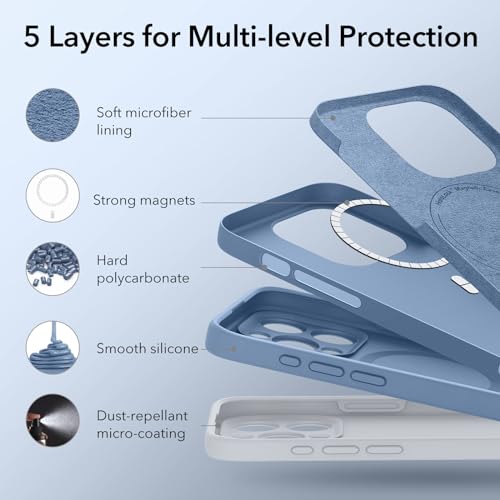 ESR MagSafe iPhone 15 Pro Max Case, Magnetic Charging Support, Slim Silicone Case, Shock Absorbent, Screen and Camera Protection, Cloud Series, Blue