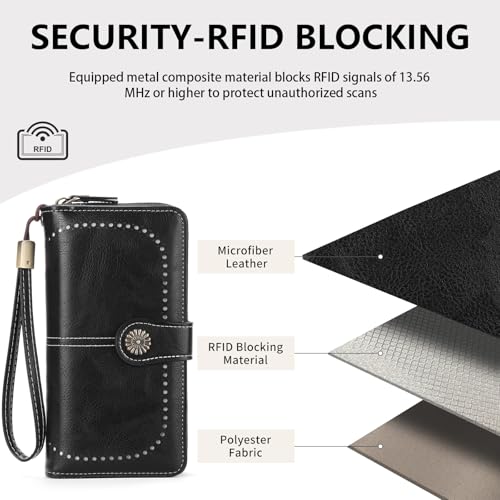 Image of Wristlet Wallets for Women Leather Credit Card Holder Bifold Black | RFID Blocking, Large Capacity, Ladies Phone Clutch Purse with Zippered Coin Pocket