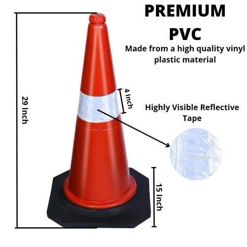 Image of ABS INDUSTRY Safety Cones Multipurpose PVC Plastic Traffic Safety Cone with Black Rubber Weighted Base and Highly Visible Reflective Collar (Pack of 10)
