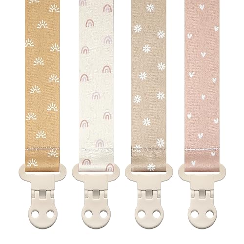 Image of Stadela Baby Pacifier Clip Holder - Girl 4 Pack Gift Set - Boho Rainbow Suns Hearts Daisies Design (Belle)