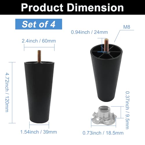Patas para mesa y sofá de 5 pulgadas redondas cónicas para elevar tus muebles con pernos M8 3