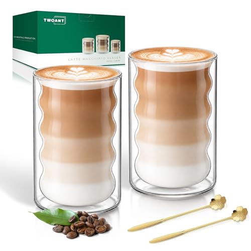 twoant Double Walled Coffee Glasses Mugs 2x400ml Cappuccino Latte Macchiato Glasses Cups with 2 Spoons Borosilicate Heat Resistant Glass Cup for Coffee Tea Milk Juice Ice Cream