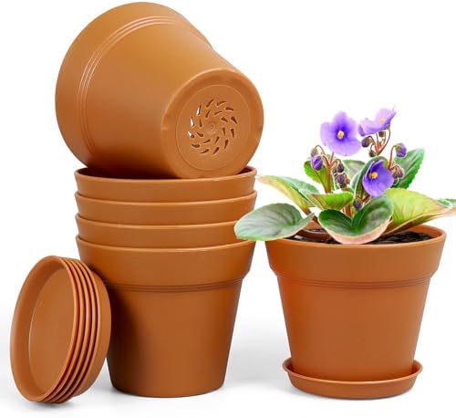 Homeuouz 6 Packs Blumentopf mit Untersetzer, 12.5cm Pflanzentopf, Plastik Übertopf mit Mehrere Ablauflöchern, Hydrokultur Topf, Blumentöpfe Set Ideal für Innen und Balkongärten,Ter
