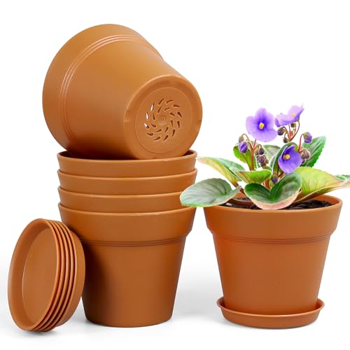Homeuouz 6 Packs Blumentopf mit Untersetzer, 12.5cm Pflanzentopf, Plastik Übertopf mit Mehrere Ablauflöchern, Hydrokultur Topf, Blumentöpfe Set Ideal für Innen und Balkongärten,Terrakotta