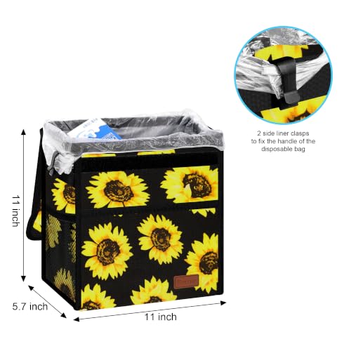 Image of Femuar Leak Proof Car Trash Can with Lid, Collapsible Hanging Waterproof Car Trash Bag with Mesh Pocket for SUV Front Seat Headrest, Large /Sunflower