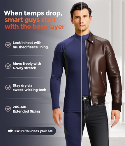 Image of Mens Thermal Underwear Long Johns Set Cold Weather Hunting Base Layer | Fleece lined top & bottom. Moisture wicking, 4-way stretch. Ultimate warm winter gear for skiing, work & outdoor sports