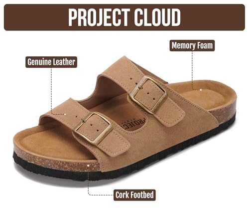 Image of Project Cloud 100% Genuine Leather Flat Sandals For Women 2026 Cork Footbed Womens Sandals with Memory Foam and arch support Vacation Essentials Slides for Women Footwear (Venita)