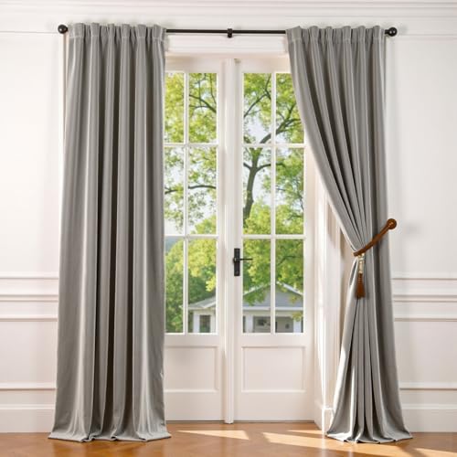 Lazzzyt Velvet Curtains for Living Room Grey Soft Luxury 2 Panel Sets Thermal Insulated Curtains 96 Inch Long Room Darkening Window Treatments Privacy Drapes Light Gray