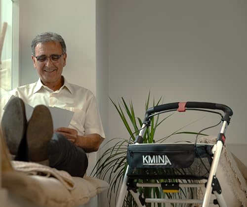 KMINA Rollator Schmal für Wohnung, Indoor Rollator Faltbar und Leicht mit Tablett, Mobilitätshilfe für Senioren aus Aluminium, Gehgestell mit Korb, Wendiger Wohnungsrollator - Modell PRO