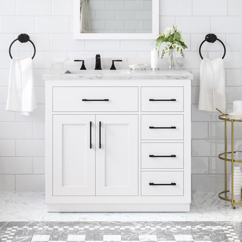 Image of OVE Decors Athea 36 in. Single Sink Freestanding White Bathroom Vanity with White Engineered Marble Top, Matching Backsplash, Power Bar and Matte Black Hardware