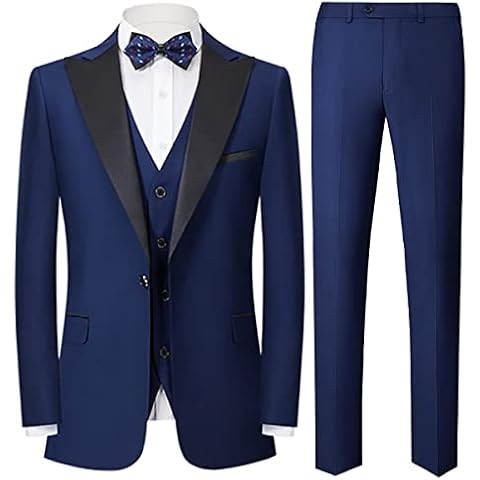 Mens Slim Fit 3 Pieces Suit Peaked Lapel One Button Tuxedo Slim Business Wedding Prom Suits Blazer Tux Vest & Trousers, Blue, Large Cover