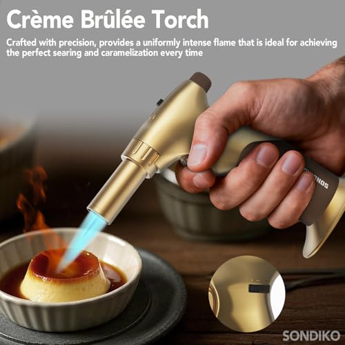 Sondiko DUAL Style Flame Butane Torch Lighter, Adjustable Flame Size Butane Lighter, Refillable Blow Torch with Continuous Flame Lock for Cooking, Butane Gas Is Not Included, Gold - Thumbnail 4