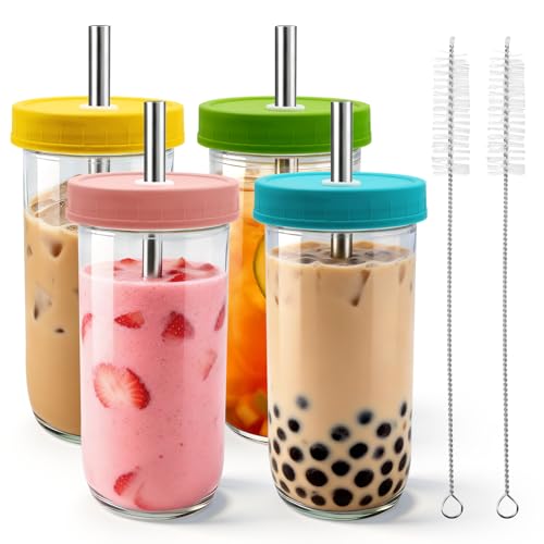 ITISBLTN 4 Pack Reusable Boba Cup 22OZ Wide Mouth Mason Jar Glass Cup - Iced Coffee & Smoothie Cups with Lids and Straws for Drinking Liquid Milkshake Boba & Matcha Tea