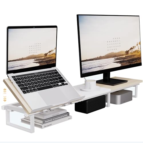 Aothia Soporte doble para monitor,108cm Escritorio grande para monitor + Soporte para portátil con altura ajustable,Soporte de escritorio de madera para PC/portátil/TV/Printer,Roble+Blanco