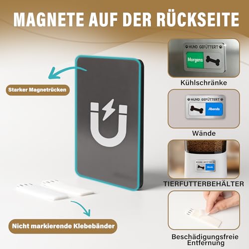 Magnet 'Hund Gefüttert' Futteranzeige – Praktische Fütterungshilfe & Erinnerung (Morgens/Abends), Acryl Silber gebürstet, Haftet magnetisch, inkl, 2 Paar Klebepads, 12 x 6.8 cm