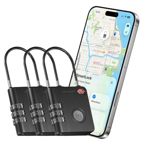 KeySmart SmartLock Tracking Luggage Locks, TSA Locks for Luggage, GPS Tracker, Combination Lock Compatible with Apple Find My App, Best Travel Essentials, Replaceable Non-Rechargeable Battery (3 Pack)