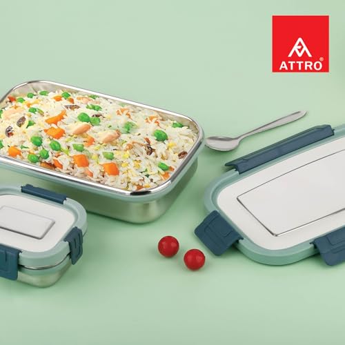 Image of ATTRO Sparkle Big Stainless Steel Lunch Box 2-Piece Set - 900ml + 200ml - Leak-Proof, BPA-Free, Compact & Durable - Ideal for Kids, Office, Travel - Green