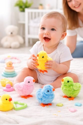 Image of Bunny and Jumping Chick Wind Up Toys Novelty Chicken Hopping Windup Toy for Kids Toddlers Adult Easter Egg Hunt Basket Stocking Stuffers Party Gifts [Multicolor] (4 PIC- Chicken-Pattern Same)